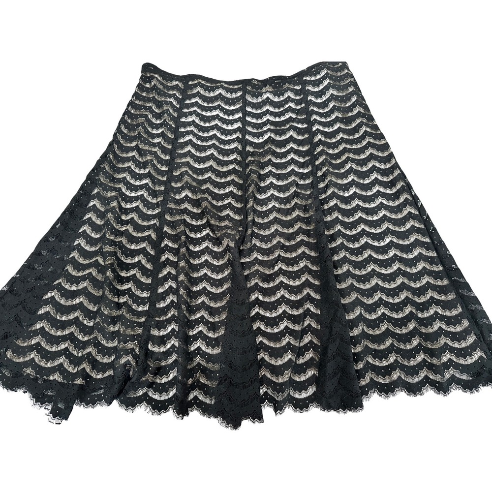 Black Lace A-Line Skirt Scalloped Wave‎ Eyelash Hem Tan Lining Womens 16